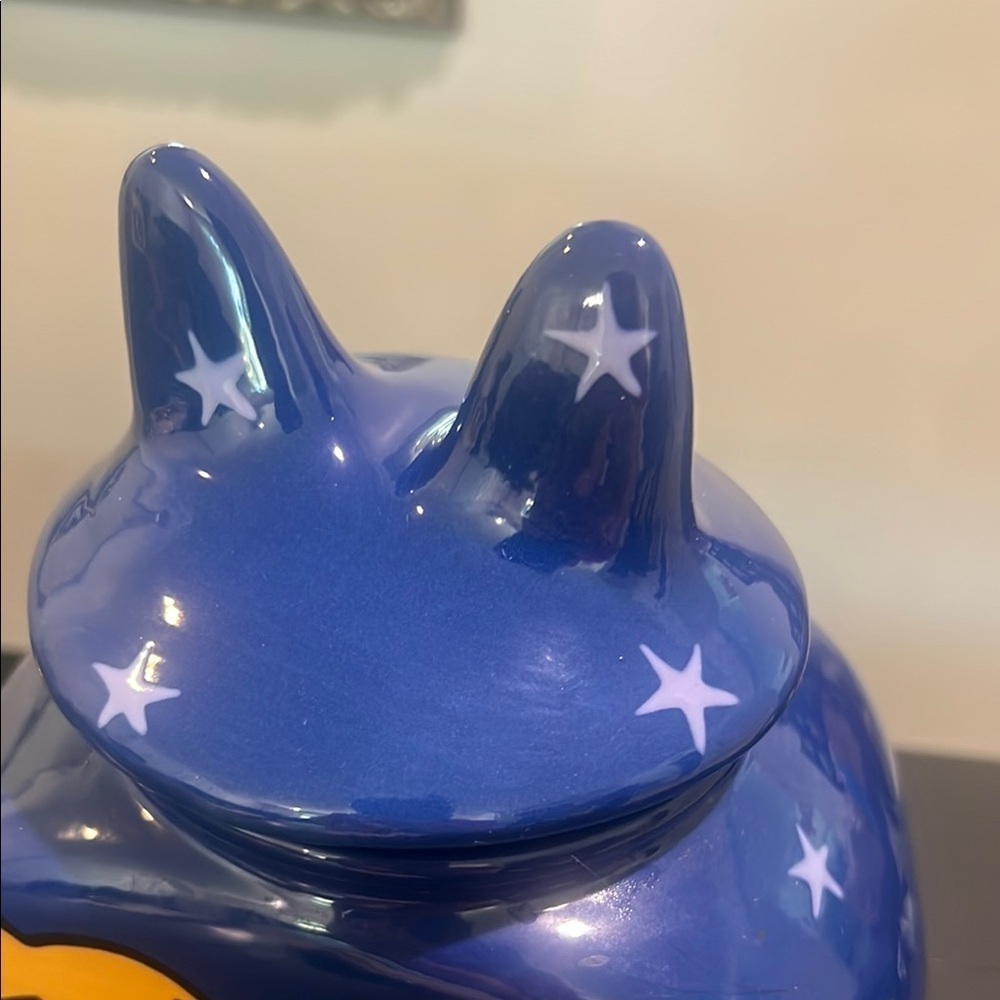 Alison Palmer Pottery Ceramic Grinning Cat Head With Fish Eyes Cookie Jar - Picture 3 of 8